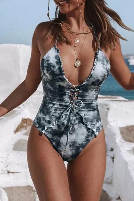 Green Tie Dye Lace Up Front Plunging V Ruffle One Piece Swimsuit
