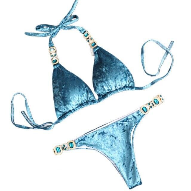 Sexy Summer Womens Bandage Bikini Sets Velvet Swimsuits Swimwear Push, Size: L, Color: Blue