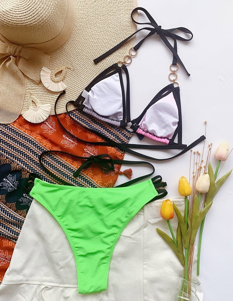 Patchwork Women Cut Out Biquini Strap Halter Bathing Suit