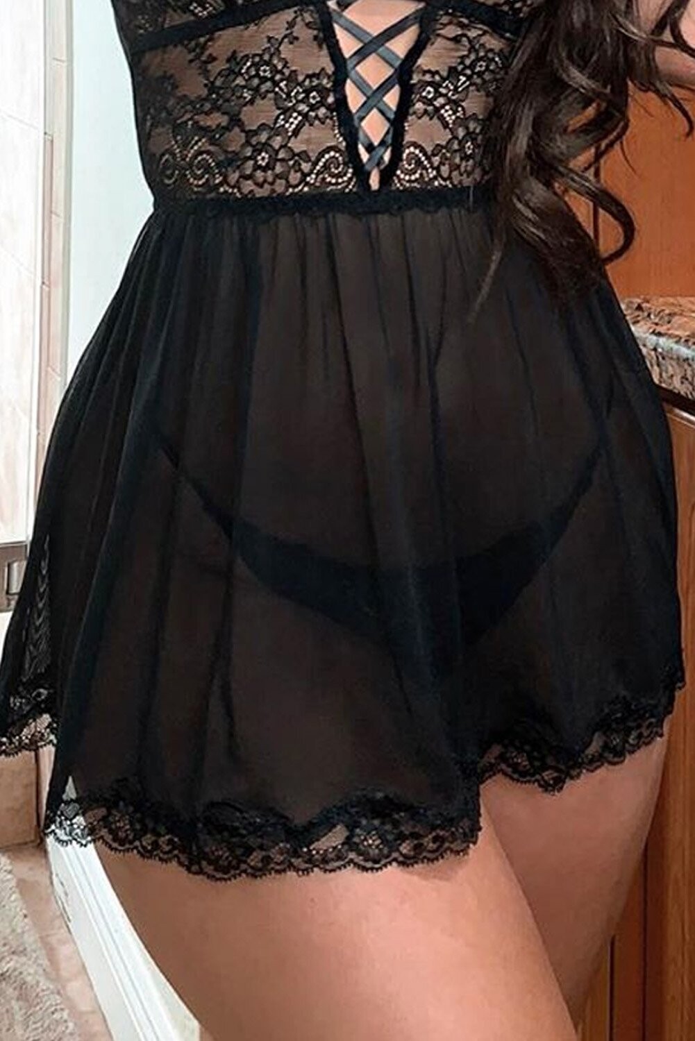 Black Lace See Through Babydoll Lingerie Set