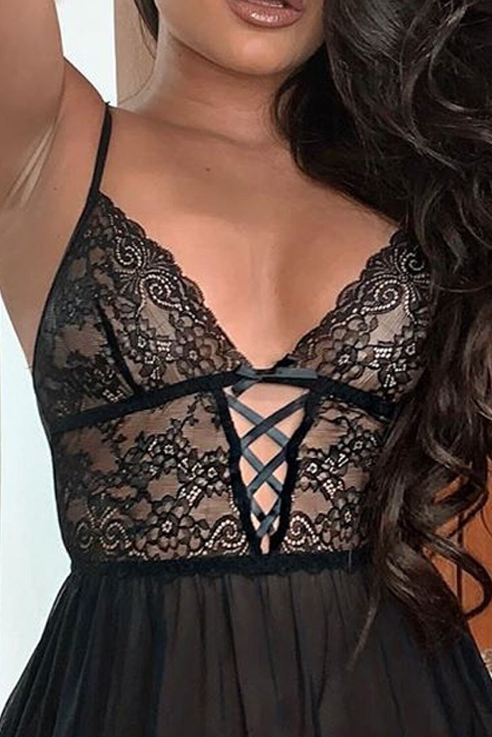 Black Lace See Through Babydoll Lingerie Set