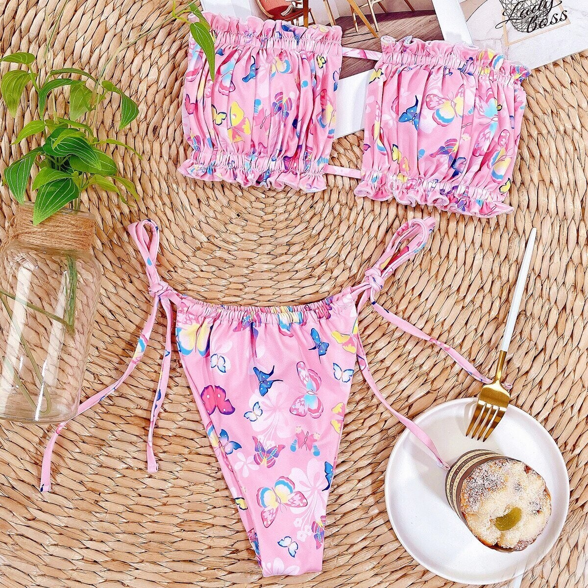 Butterfly Print Bikinis Strapless Sexy Micro Bikin Set