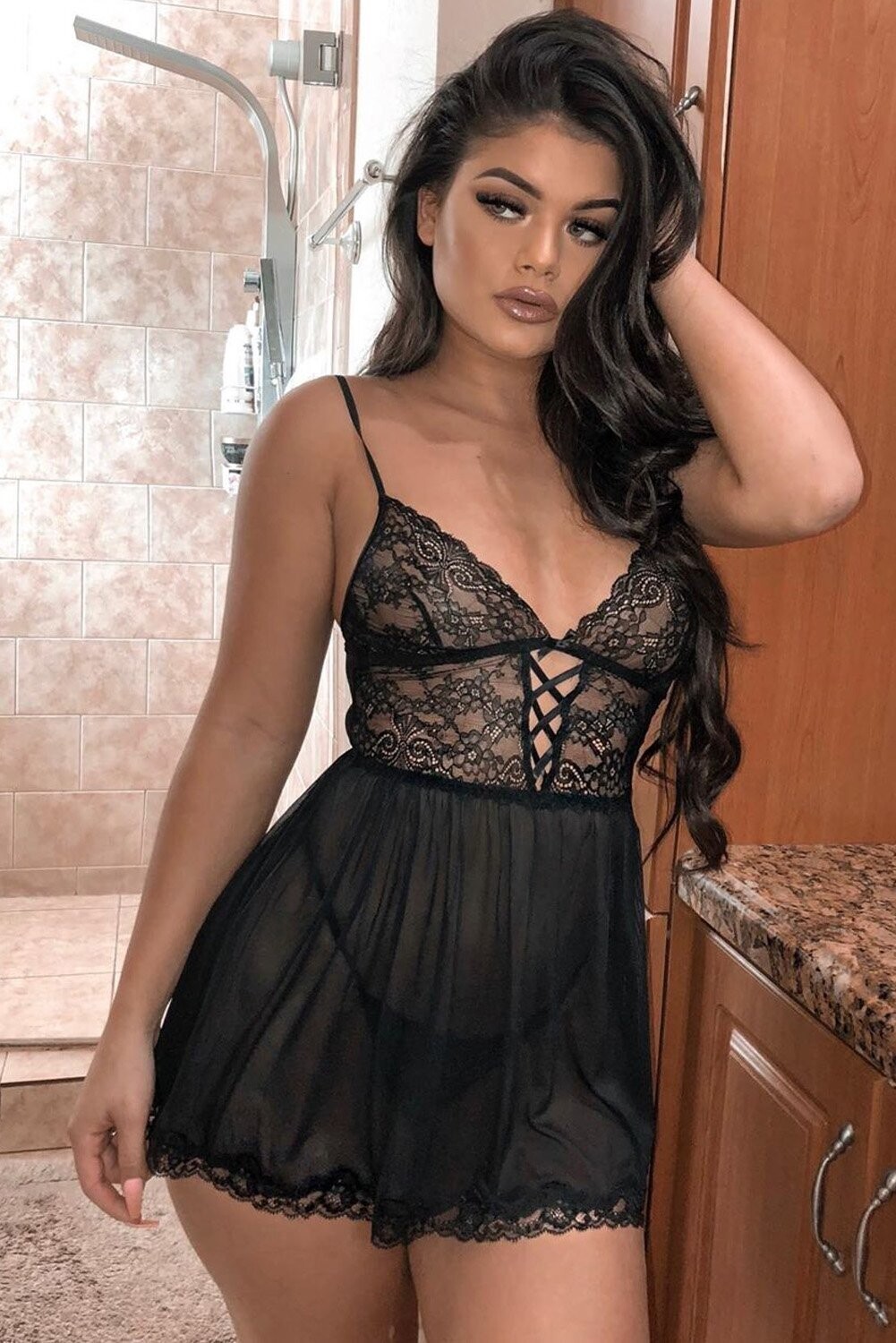Black Lace See Through Babydoll Lingerie Set