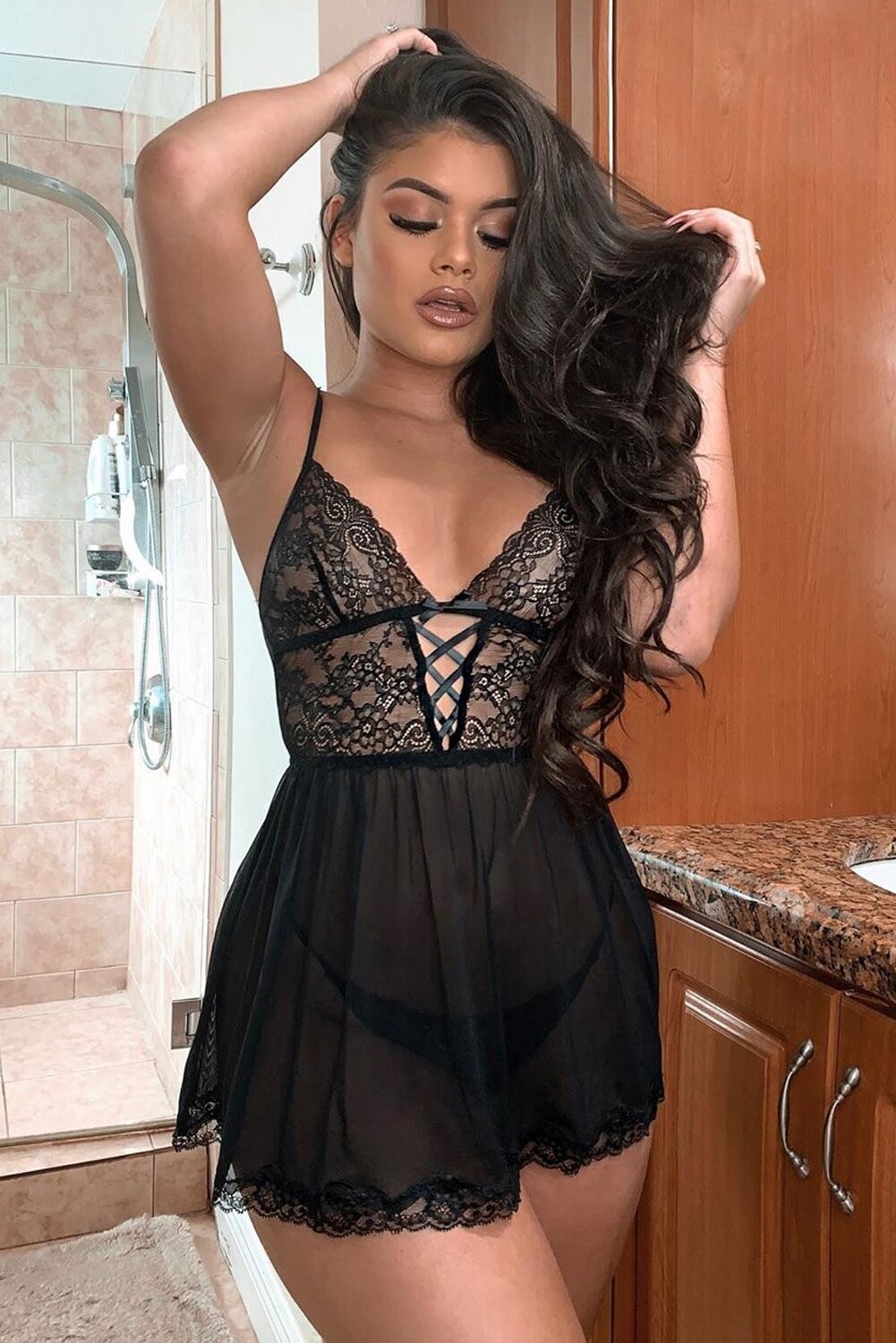 Black Lace See Through Babydoll Lingerie Set