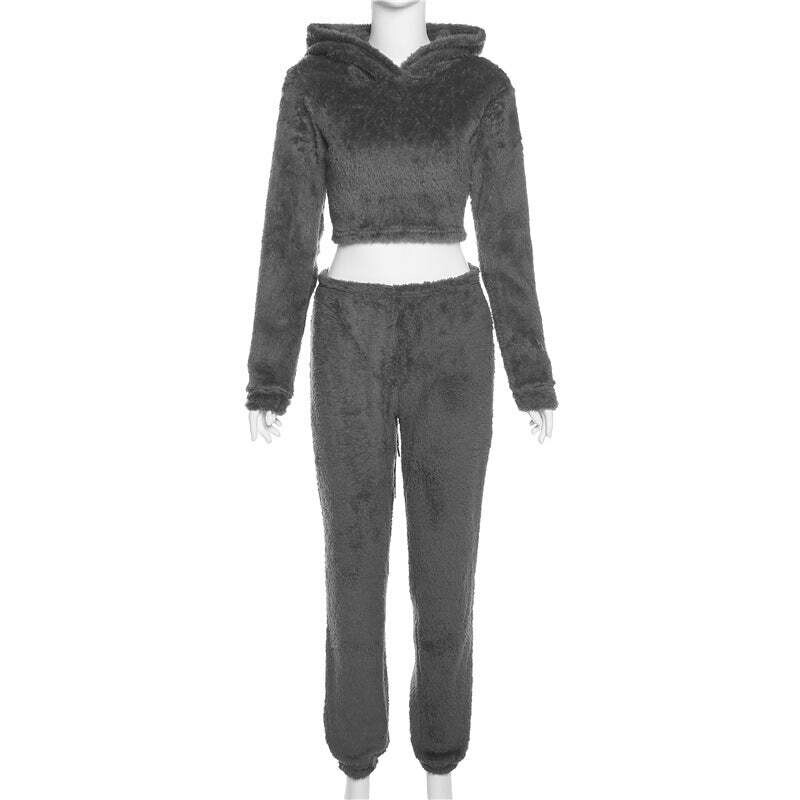 Two Pieces Sets Hoodie Back Drawstring Crop Top+High Waist Pants, Size: L, Color: Gray