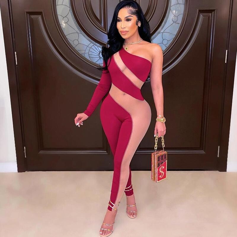 Sexy Mesh Patchwork Jumpsuit  One Shoulder