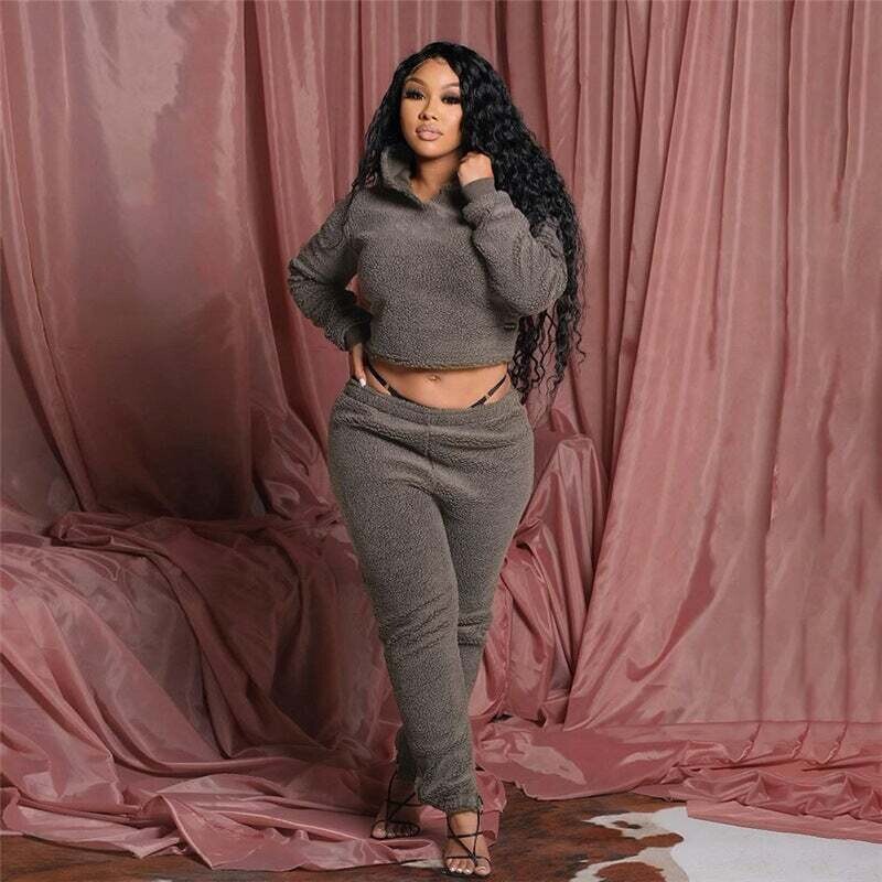 Two Pieces Sets Hoodie Back Drawstring Crop Top+High Waist Pants