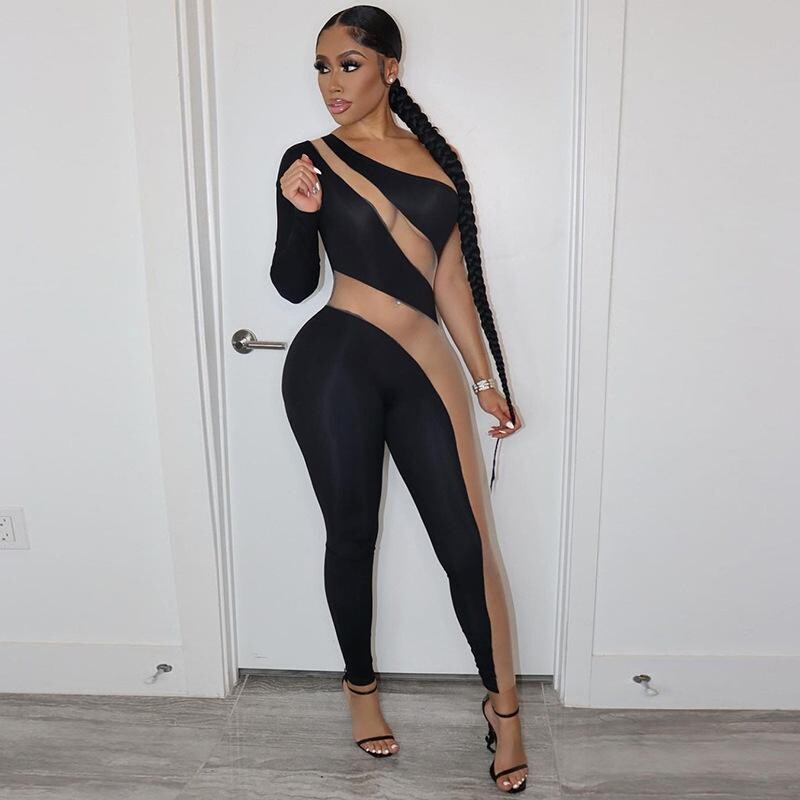 Sexy Mesh Patchwork Jumpsuit  One Shoulder