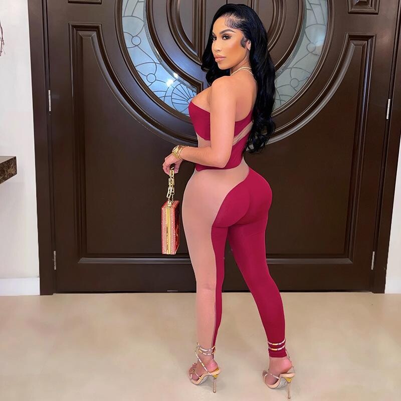 Sexy Mesh Patchwork Jumpsuit  One Shoulder