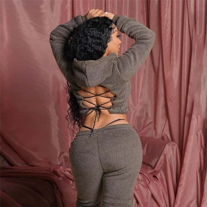 Two Pieces Sets Hoodie Back Drawstring Crop Top+High Waist Pants