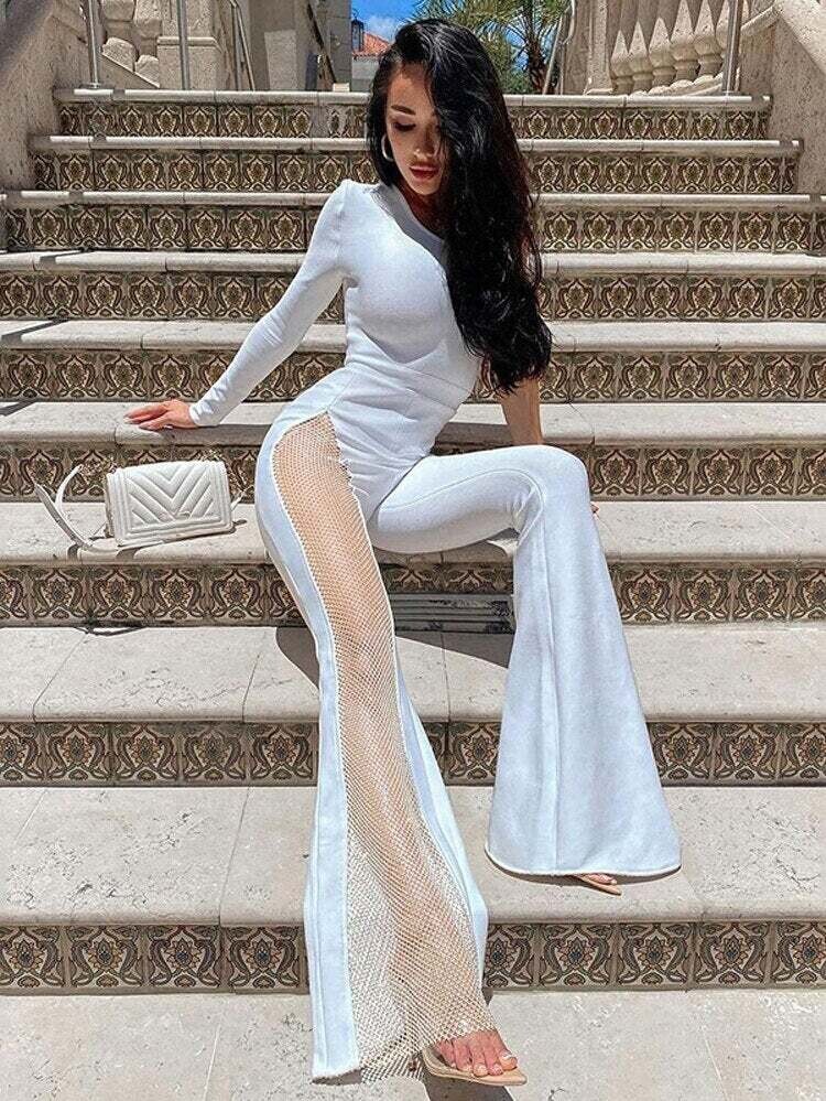 Single Shoulder Jumpsuit Women Cut out Patchwork Shiny Diamond Net