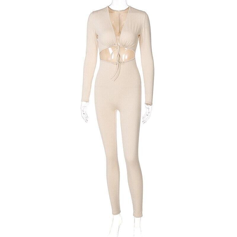 Autumn Long Sleeve Jumpsuits Cut out Lace up Bodycon Solid  High Waist, size: L, color: Apricot