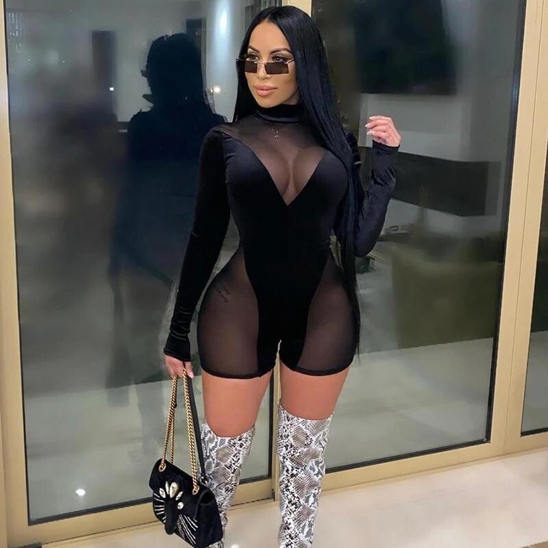 Sexy Mesh Patchwork Wome Short Jumpsuit
