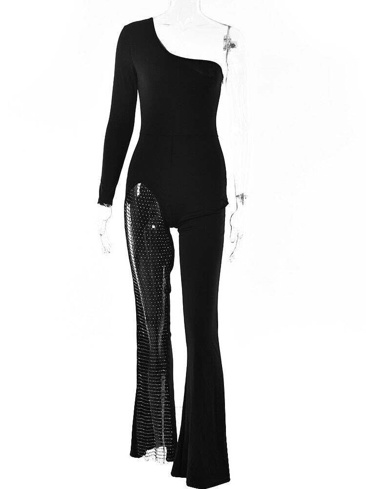 Single Shoulder Jumpsuit Women Cut out Patchwork Shiny Diamond Net, Size: L, Color: Black
