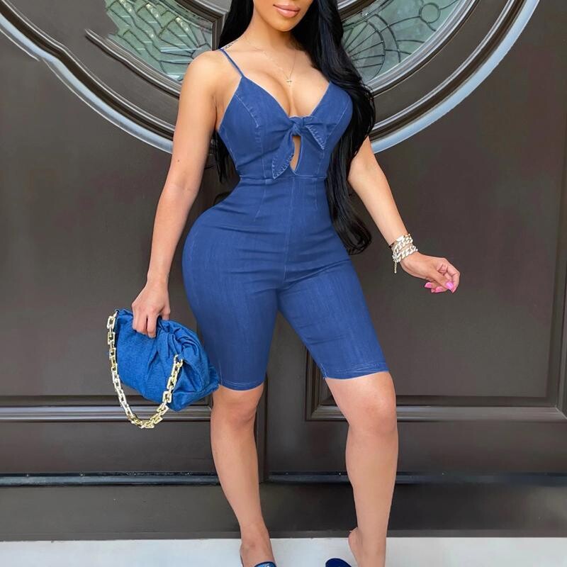 Women Sleeveless Spaghetti Strap Skinny Short Romper, size: L, color: Dark Blue