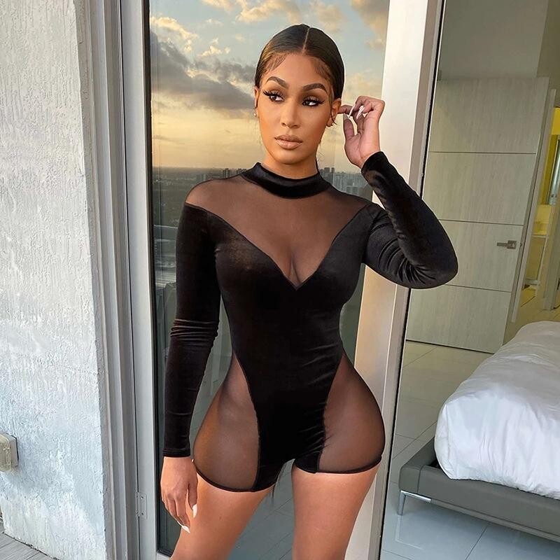 Sexy Mesh Patchwork Wome Short Jumpsuit