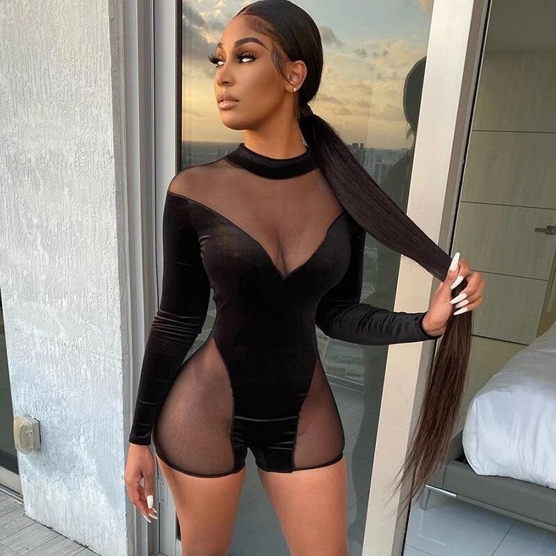 Sexy Mesh Patchwork Wome Short Jumpsuit