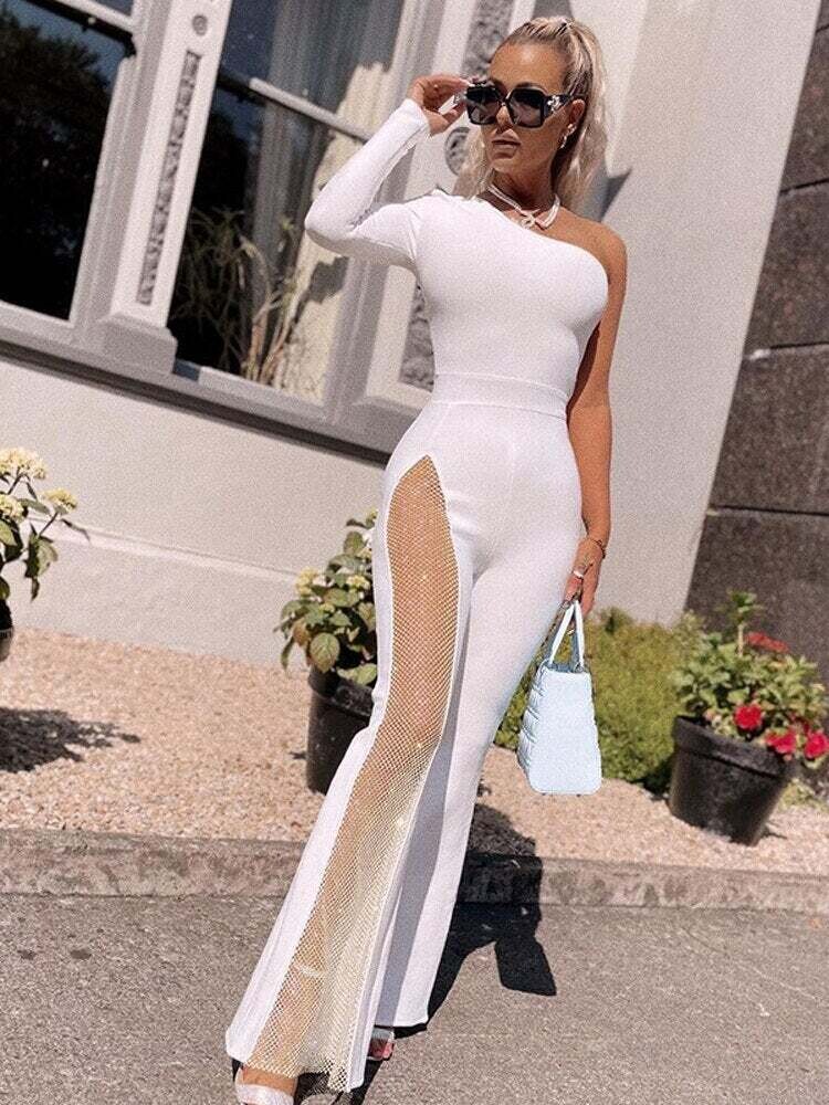 Single Shoulder Jumpsuit Women Cut out Patchwork Shiny Diamond Net