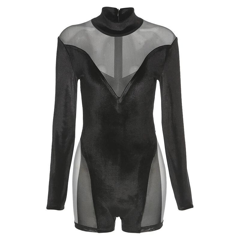 Sexy Mesh Patchwork Wome Short Jumpsuit, size: L, color: black