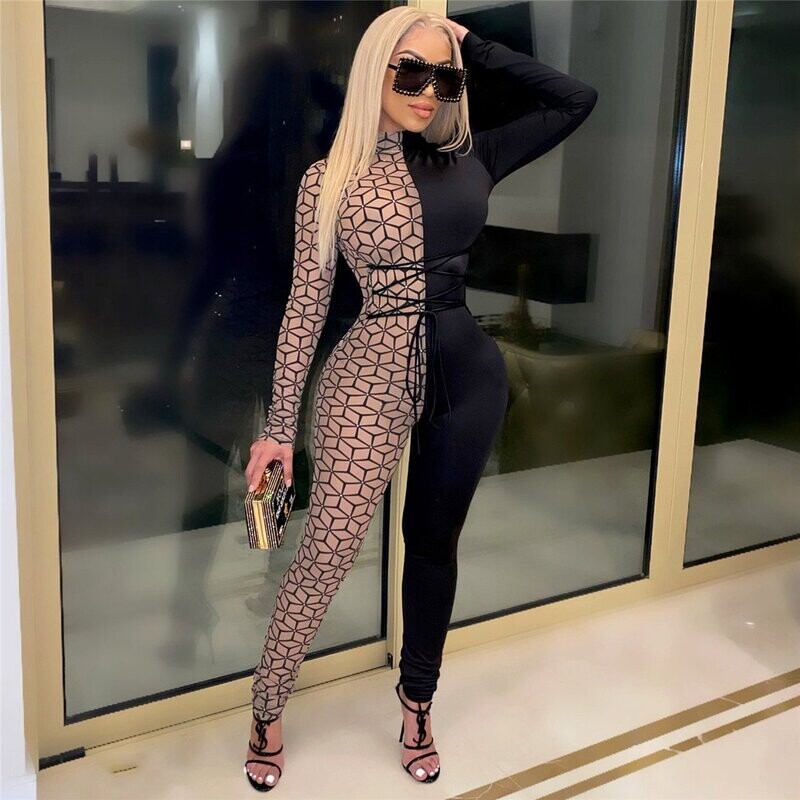 Sexy Printed Long Sleeve Bodycon Jumpsuit