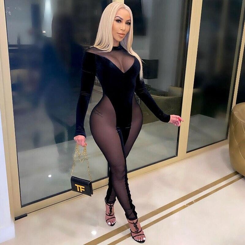Velvet Mesh Patchwork Women Long Sleeve Jumpsuit