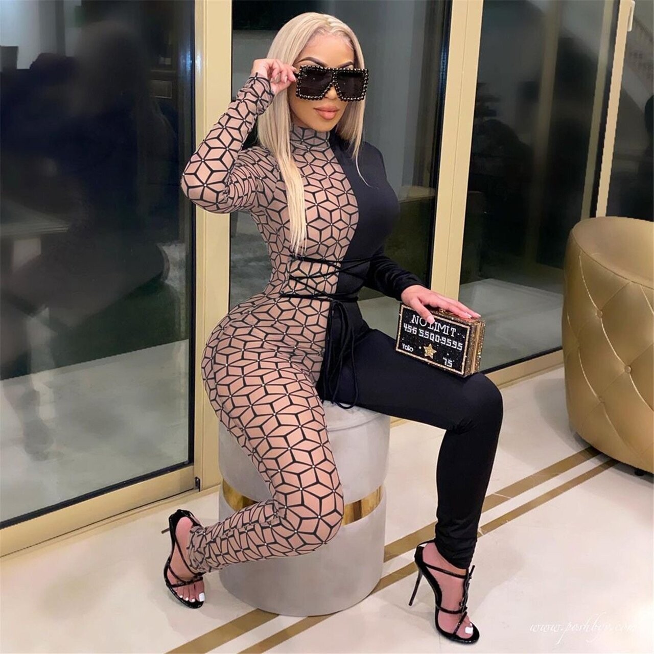 Sexy Printed Long Sleeve Bodycon Jumpsuit