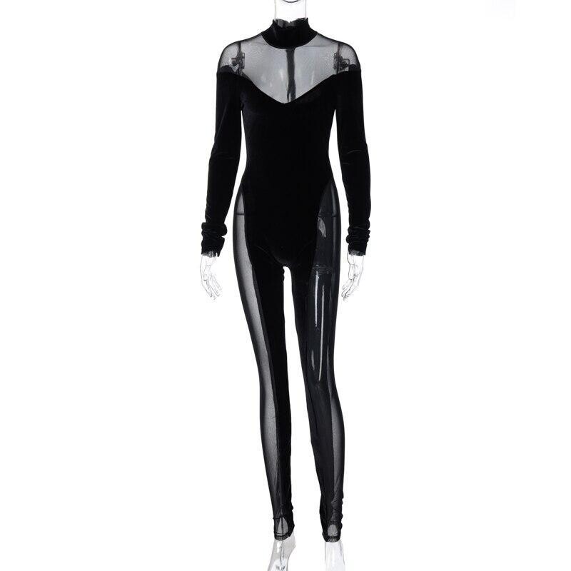 Velvet Mesh Patchwork Women Long Sleeve Jumpsuit