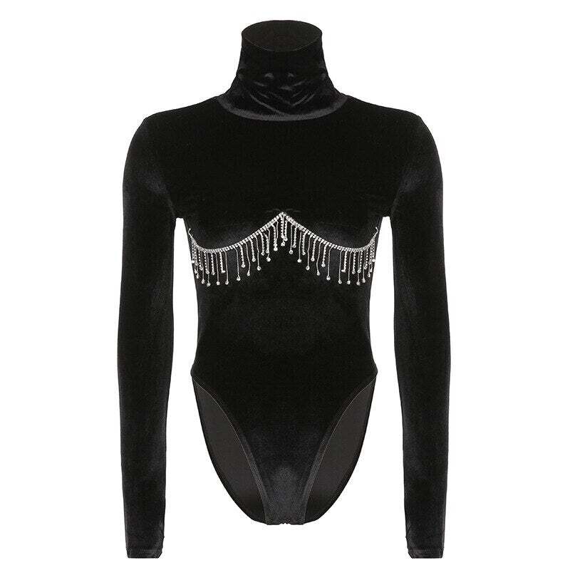 Diamond Rhinestones Tassel Bodysuit Winter Velvet, Size: L, Color: Black