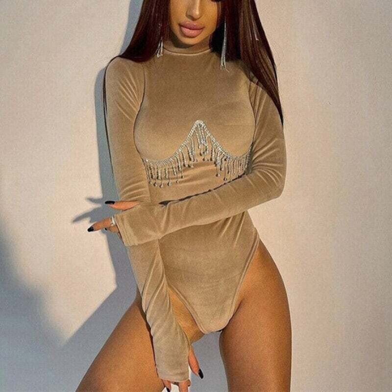 Diamond Rhinestones Tassel Bodysuit Winter Velvet