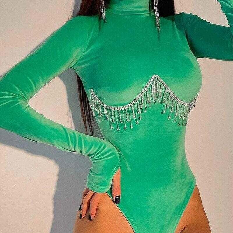 Diamond Rhinestones Tassel Bodysuit Winter Velvet
