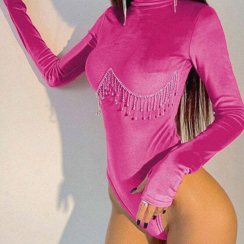 Diamond Rhinestones Tassel Bodysuit Winter Velvet