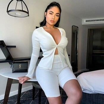 Double Zipper Two Piece Set T Shirt And Shorts Matching Sets Women