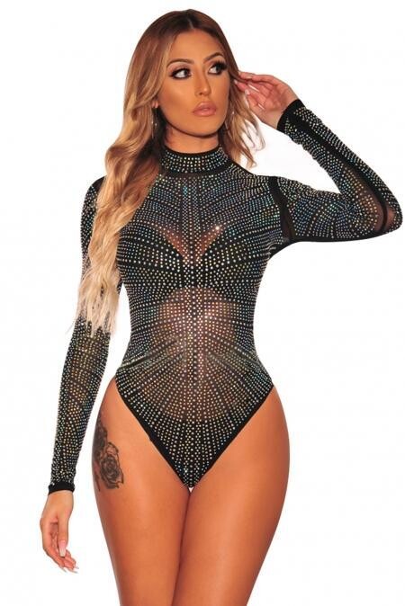 Black Silver Rhinestone Studded Mock Neck Bodysuit
