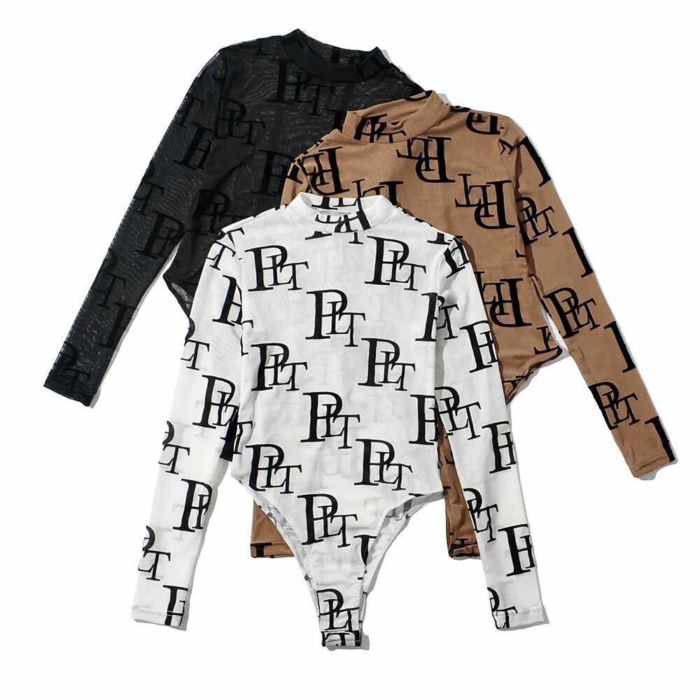 Letter Printed Long Sleeve See Through Bodysuit
