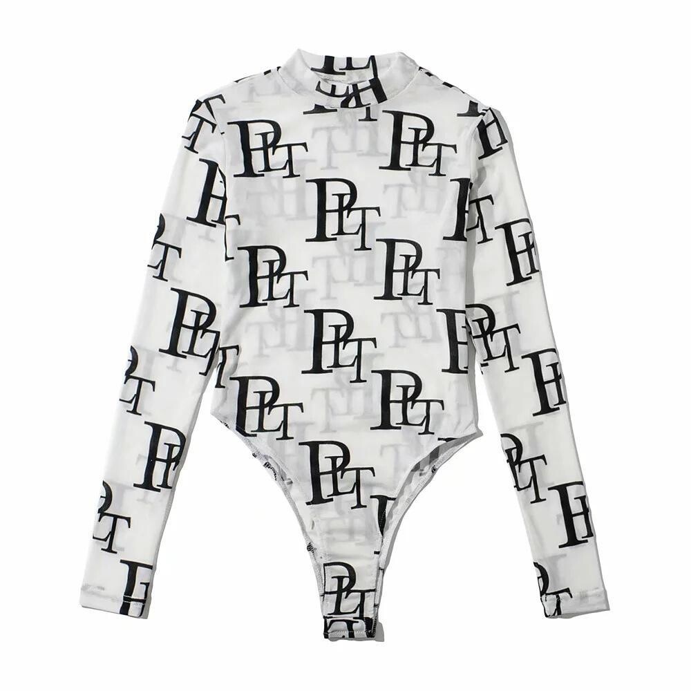 Letter Printed Long Sleeve See Through Bodysuit, size: One size, color: NO1