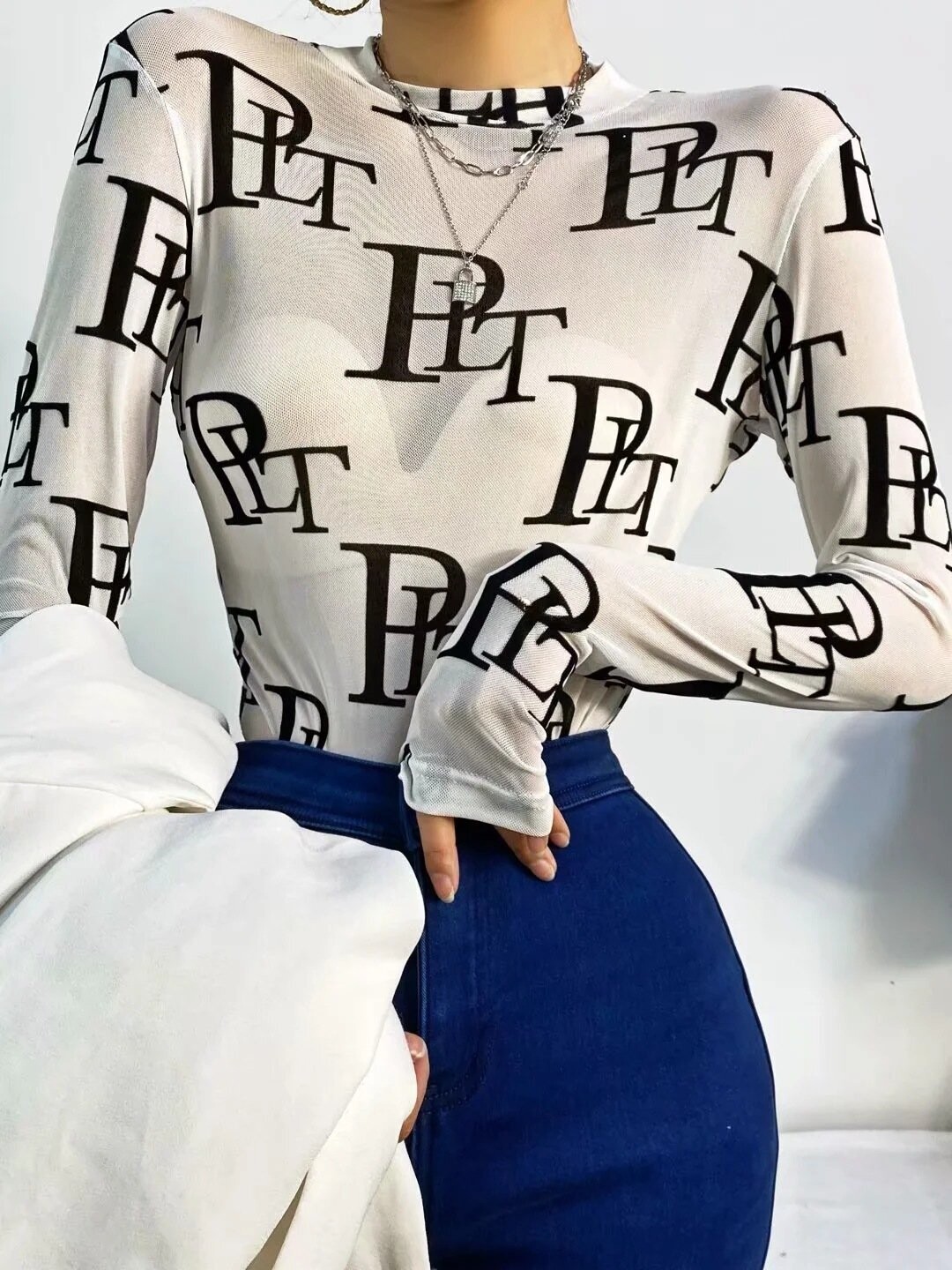 Letter Printed Long Sleeve See Through Bodysuit