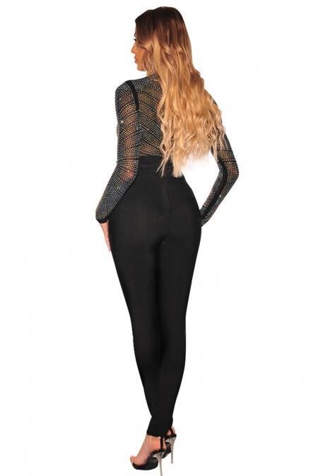 Black Silver Rhinestone Studded Mock Neck Bodysuit