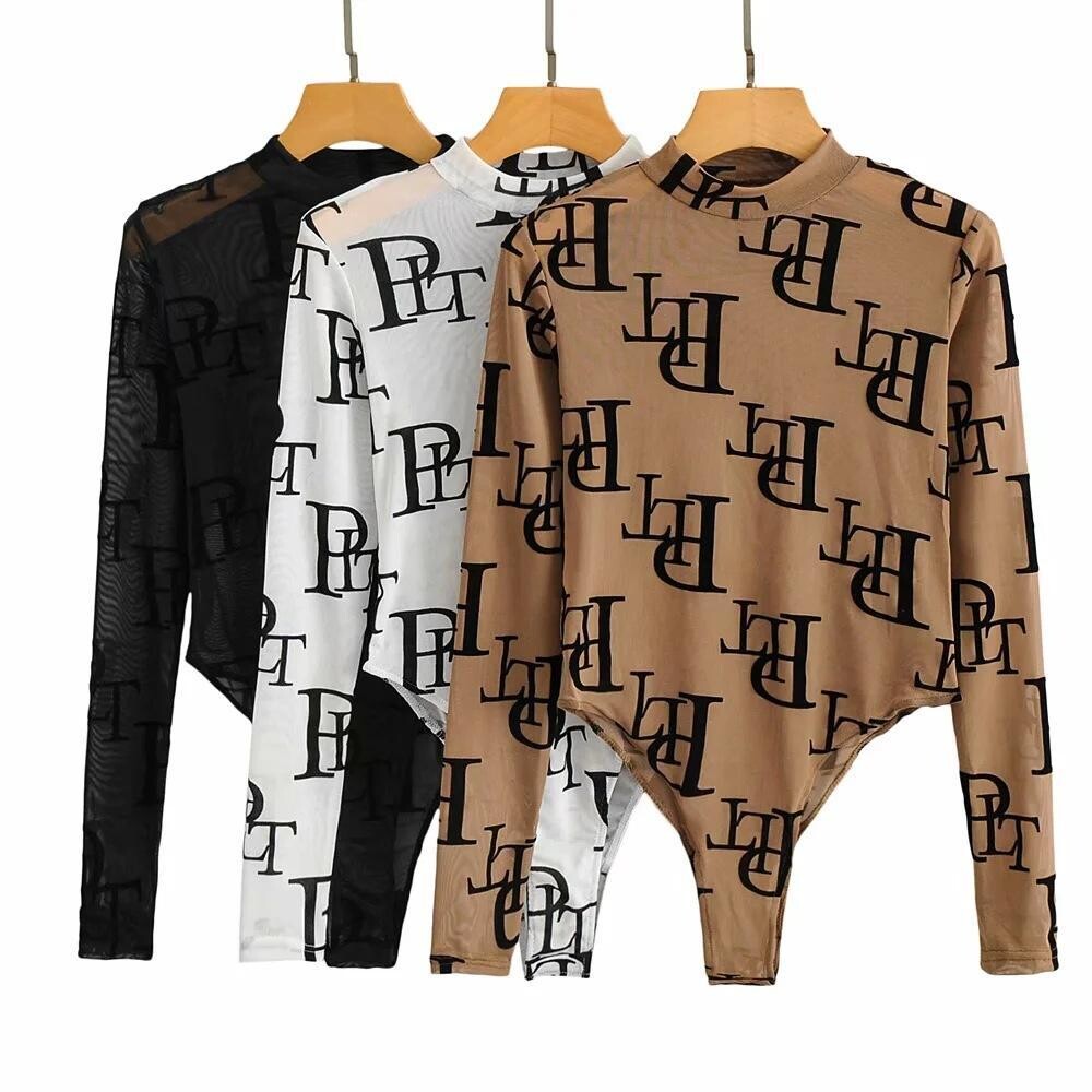 Letter Printed Long Sleeve See Through Bodysuit