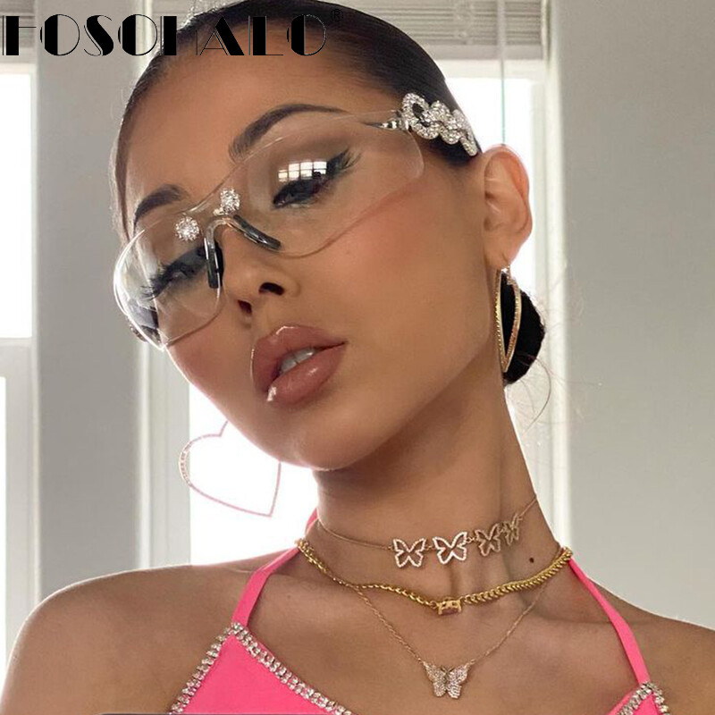 Diamond Rimless Sunglasses Women Men 2021 Rhinestone Sunglasses Shield