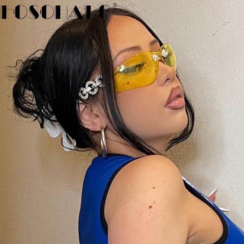 Diamond Rimless Sunglasses Women Men 2021 Rhinestone Sunglasses Shield