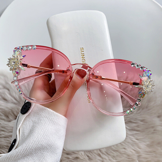 Fashion Cat Eye Round Sunglasses for Women Luxury Brand Designer, Frame Color: Gold, Lenses Color: Blue