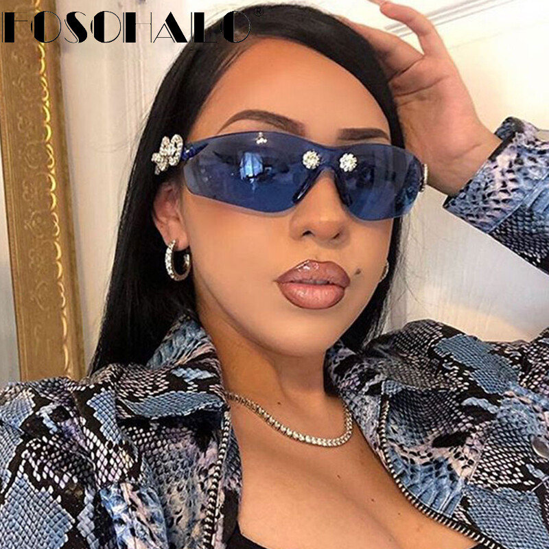 Diamond Rimless Sunglasses Women Men 2021 Rhinestone Sunglasses Shield