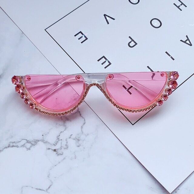 Diamond Cat Eye Sunglasses Women 2020 Semi Rimless Sun Glasses Luxury, Lenses Color: black