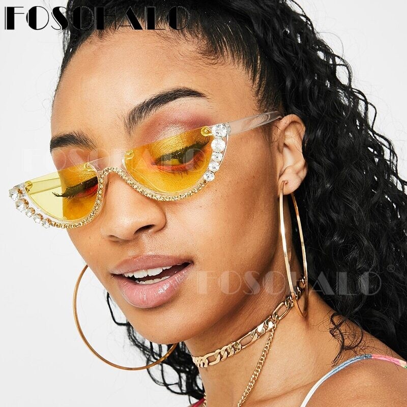 Diamond Cat Eye Sunglasses Women 2020 Semi Rimless Sun Glasses Luxury