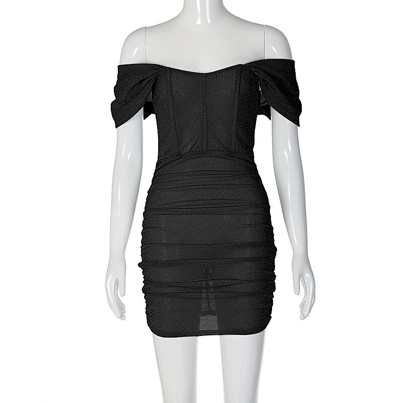 one-shoulder drape sleeves solid color hip dress, Color: Black, Size: L