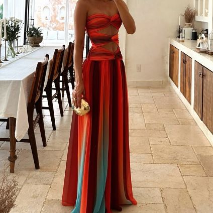Sexy Gradient Color Casual Dress Vacation Travel Fashion Long Skirt Hollow Out Backless Mid Waist Polyester Spring Summer