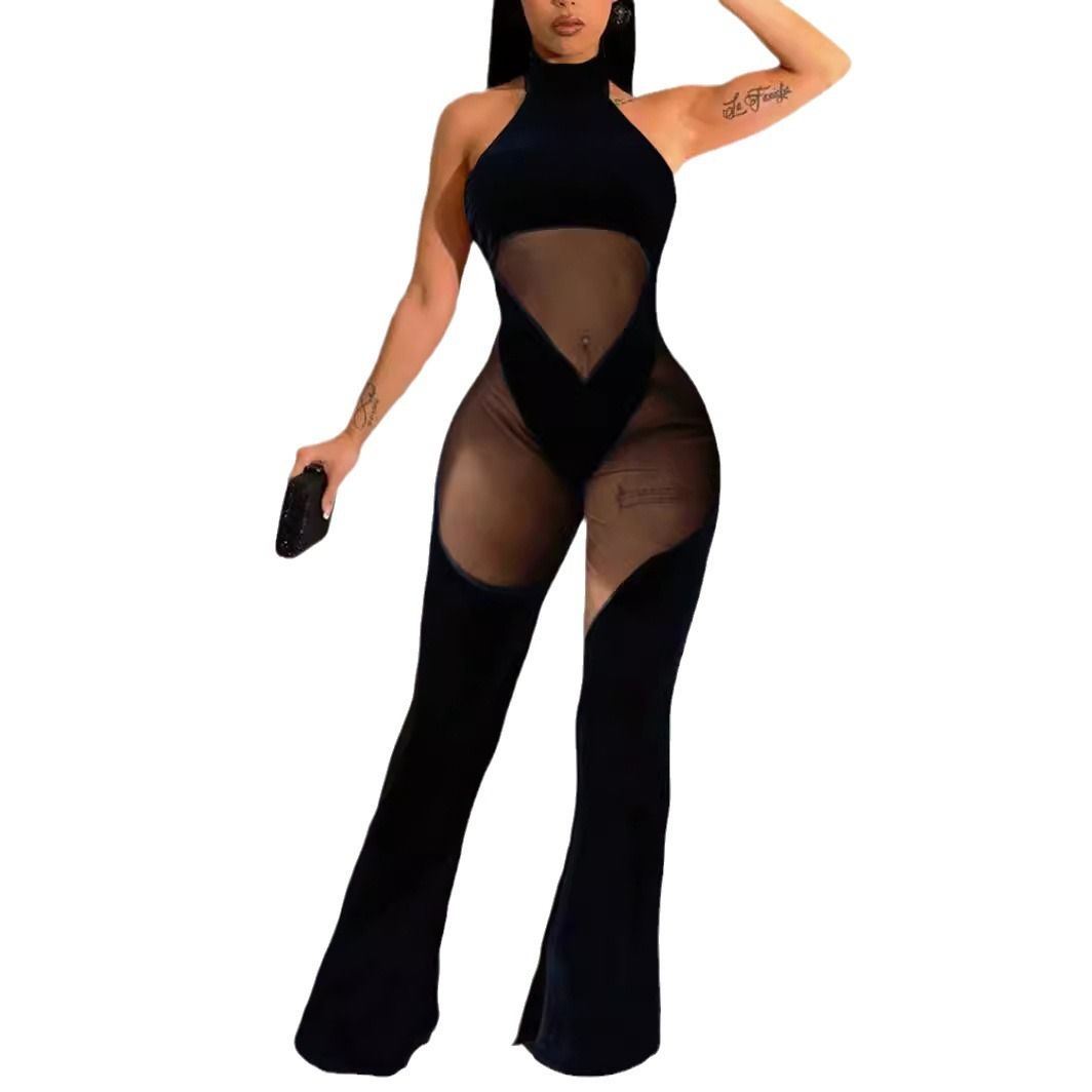 Women&amp;#039;s New Hanging Neck Sexy Stitching Solid Color Sleeveless Mesh Stitching Casual Jumpsuit