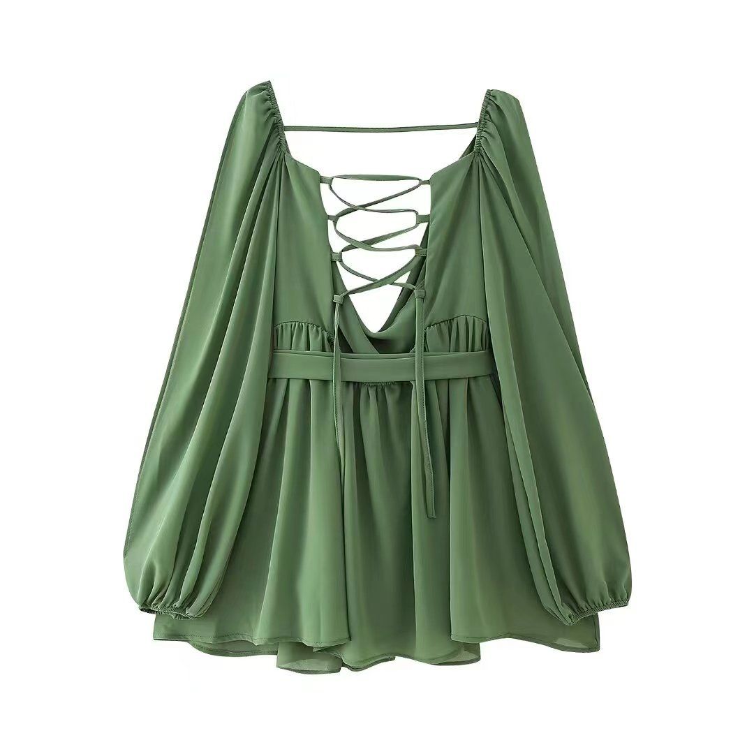 2024 Spring Women&amp;#039;s Dress Sexy Spice Girls Hollow Lantern Sleeve V-neck Shoulder Dress