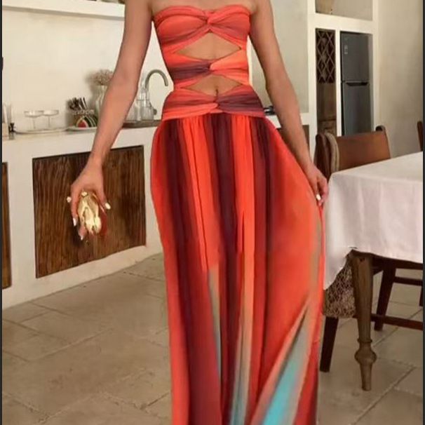 Sexy Gradient Color Casual Dress Vacation Travel Fashion Long Skirt Hollow Out Backless Mid Waist Polyester Spring Summer