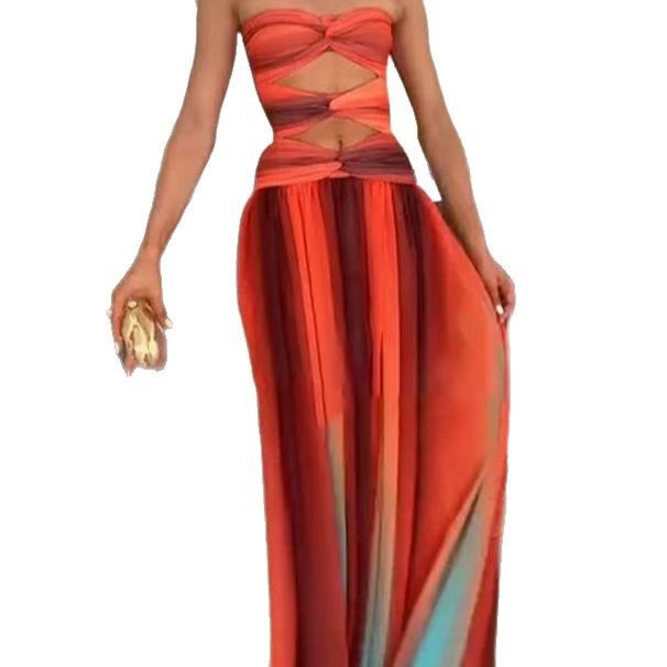 Sexy Gradient Color Casual Dress Vacation Travel Fashion Long Skirt Hollow Out Backless Mid Waist Polyester Spring Summer, Size: S, Color: Picture color